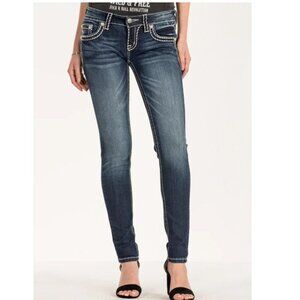 Miss Me Womens Mid Rise Embroid Stitch Dark Wash Skinny Blue Denim Jeans Size 31